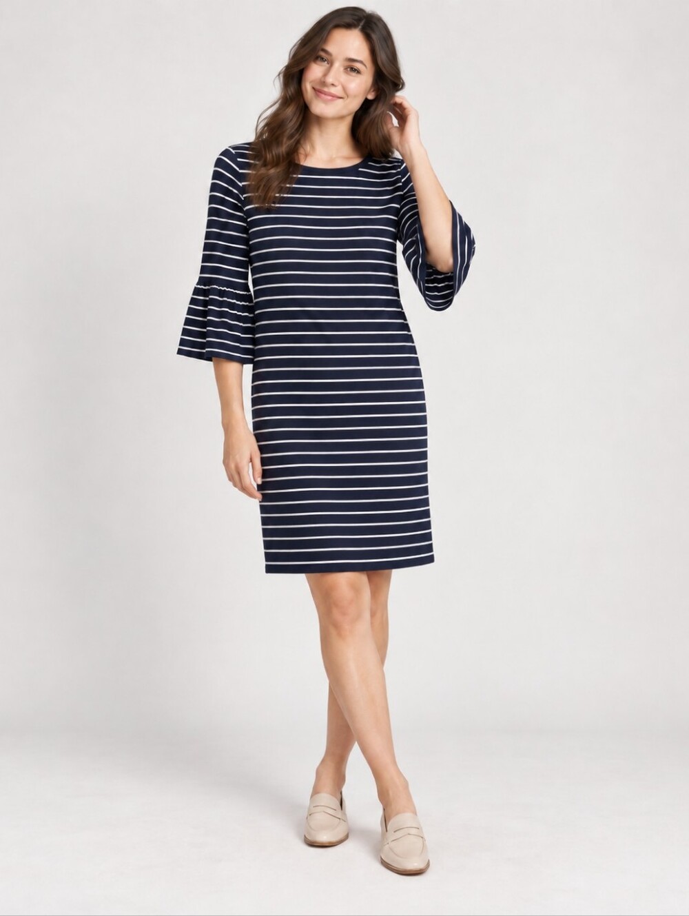 White House Black Market Navy and White Striped Midi Dress